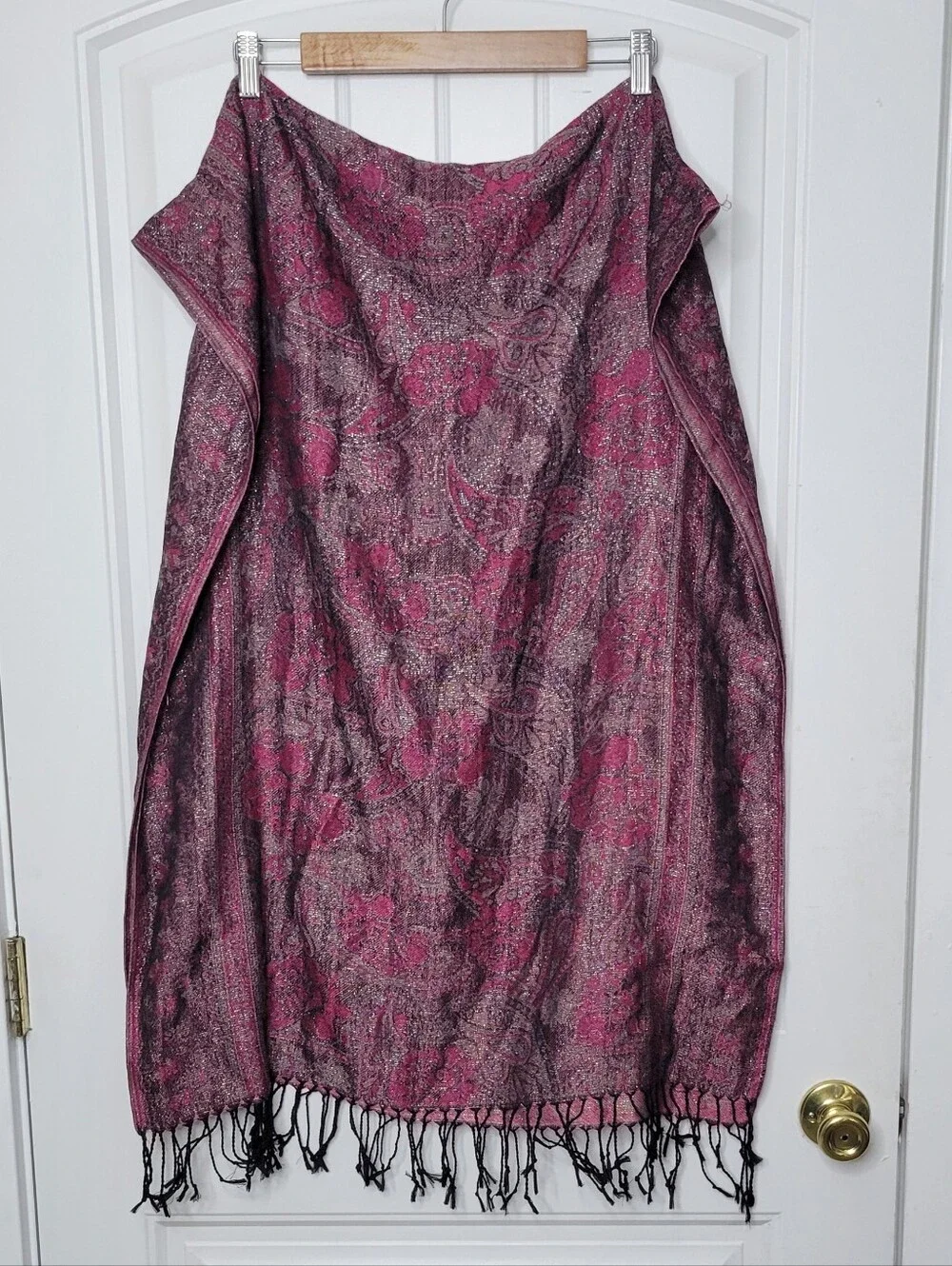 west loop Pink Paisley Fringe Wrap Scarf in Rose & Black Tones